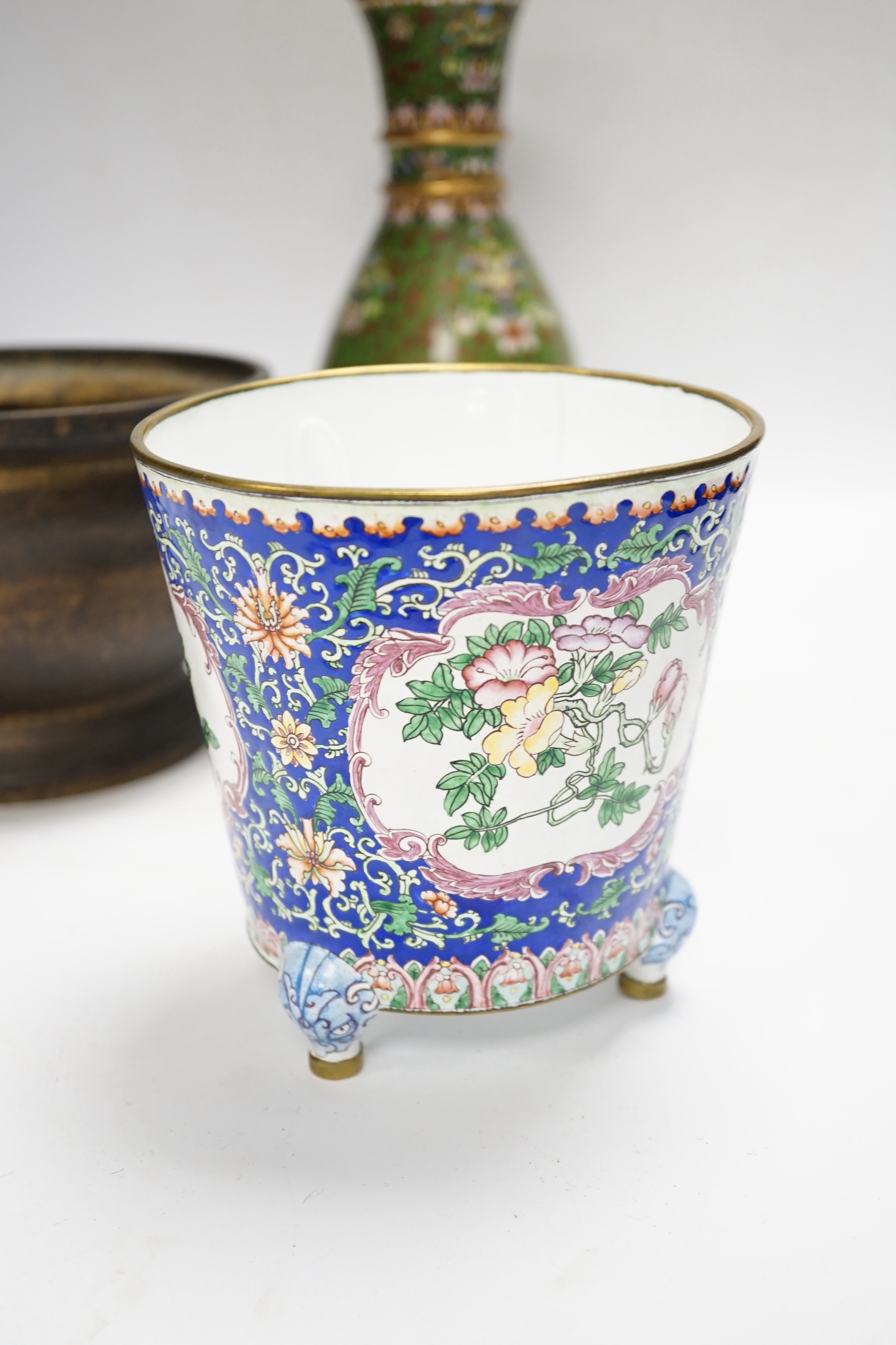 Three Chinese metalware items, a cloisonné vase, an enamel vase, and a brass censor, vase 25.5cm